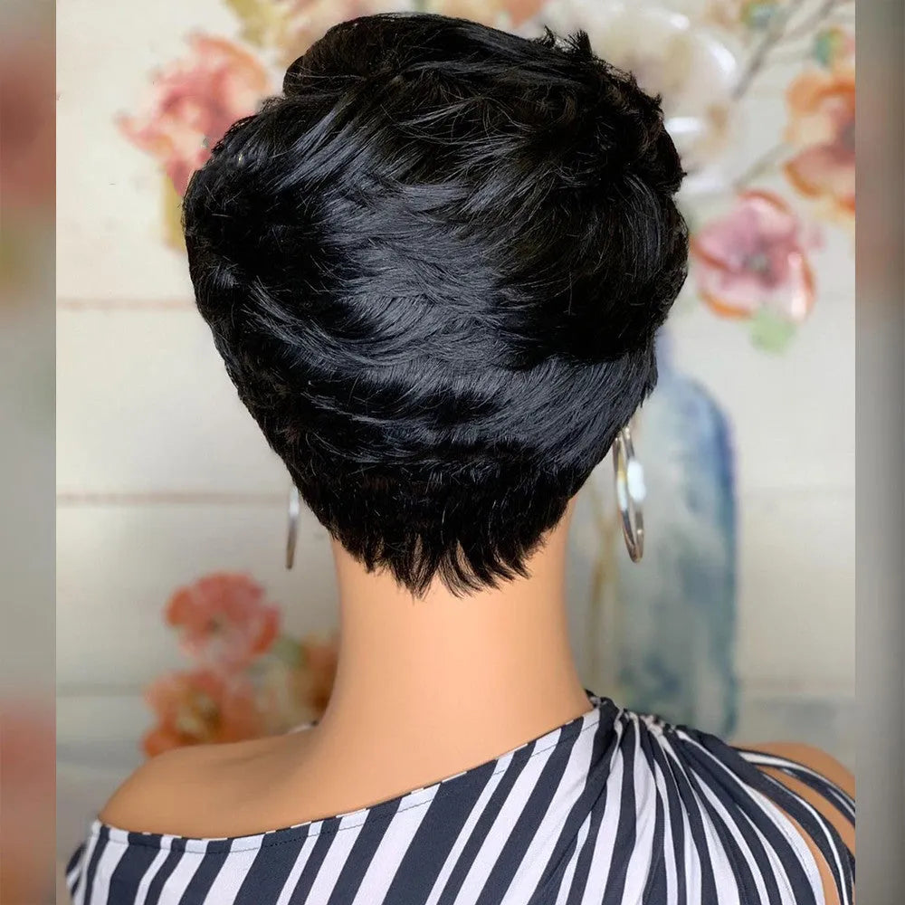 Short black synthetic wig with oblique bangs and fluffy straight finish, heat-resistant fibre, one wig in pack.