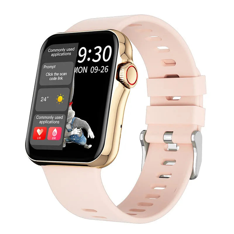 Smart watch with colour screen and liquid silicone strap showing split screen display interface