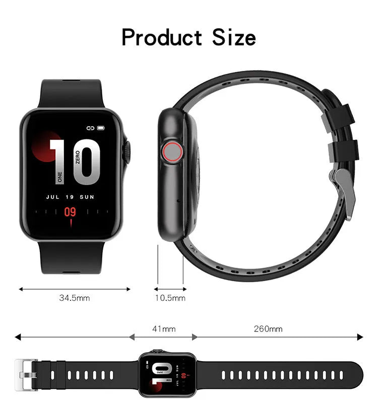 Smart watch with colour screen and liquid silicone strap showing split screen display interface