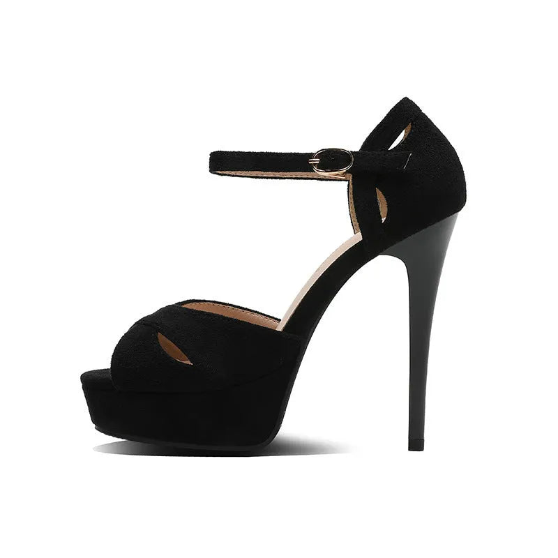 Black women's stiletto sandals with fish mouth toe and waterproof platform in Roman style