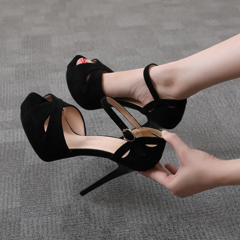 Black women's stiletto sandals with fish mouth toe and waterproof platform in Roman style