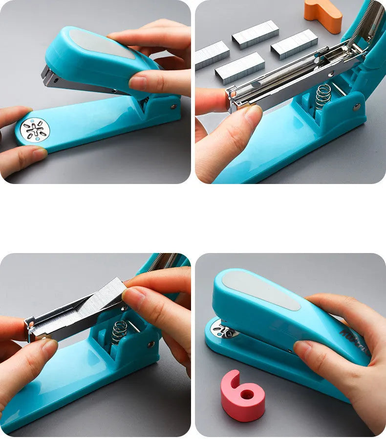 Rotatable student stapler with 360-degree spinning head in dark blue, showing staples loaded and metal outlet.