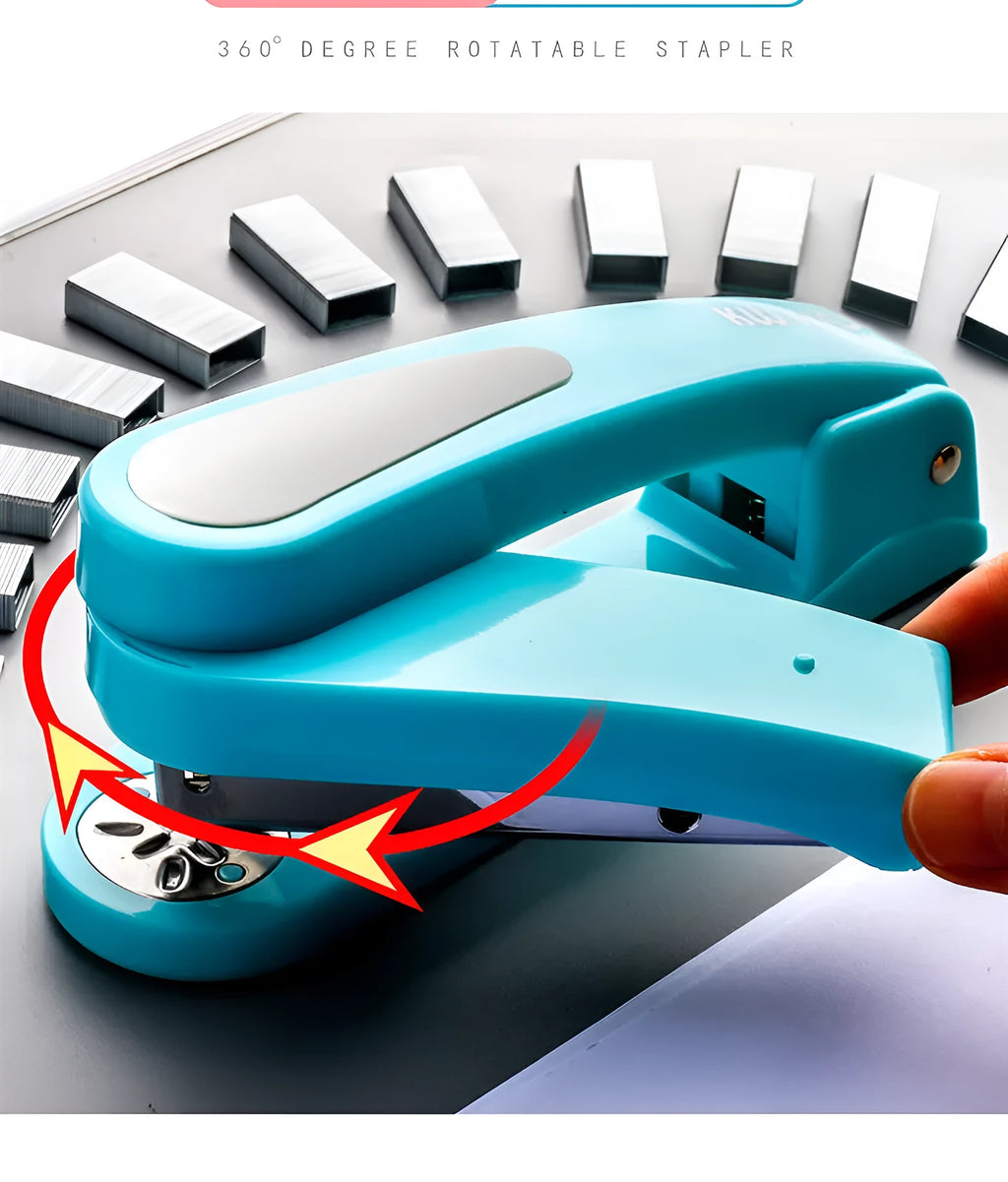 Rotatable student stapler with 360-degree spinning head in dark blue, showing staples loaded and metal outlet.