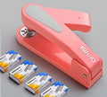 Rotatable student stapler with 360-degree spinning head in dark blue, showing staples loaded and metal outlet.