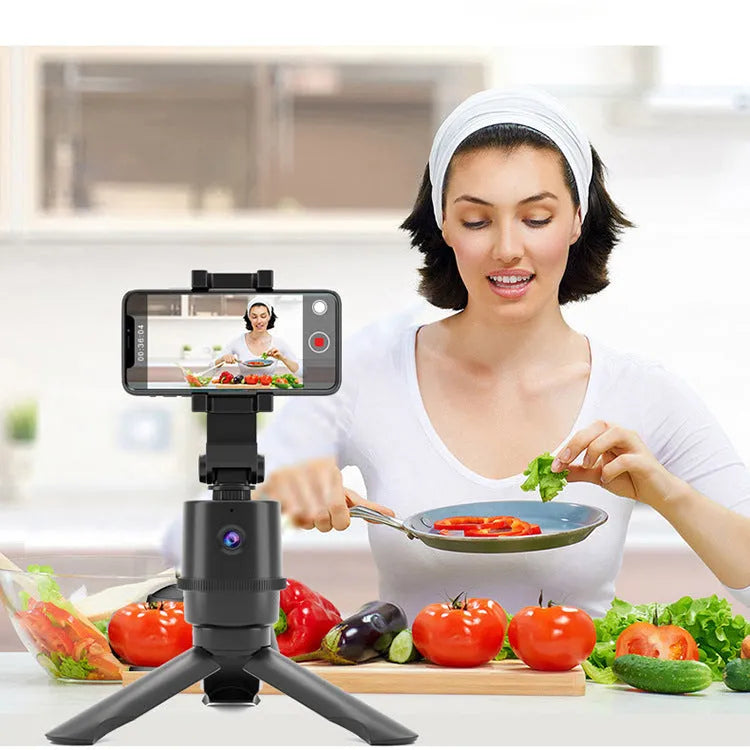 360-degree intelligent AI tracking pan-tilt bracket holding a smartphone for hands-free recording