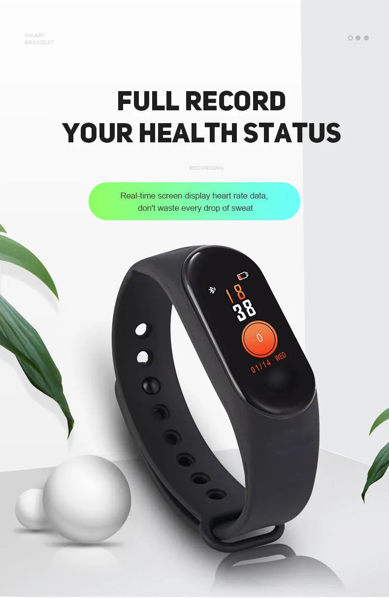 M3 Smart Bracelet with colour screen and black TPE strap showing heart rate display.