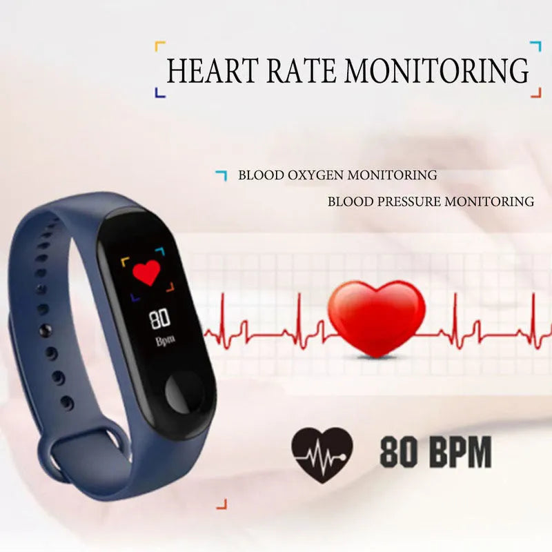M3 Smart Bracelet with colour screen and black TPE strap showing heart rate display.