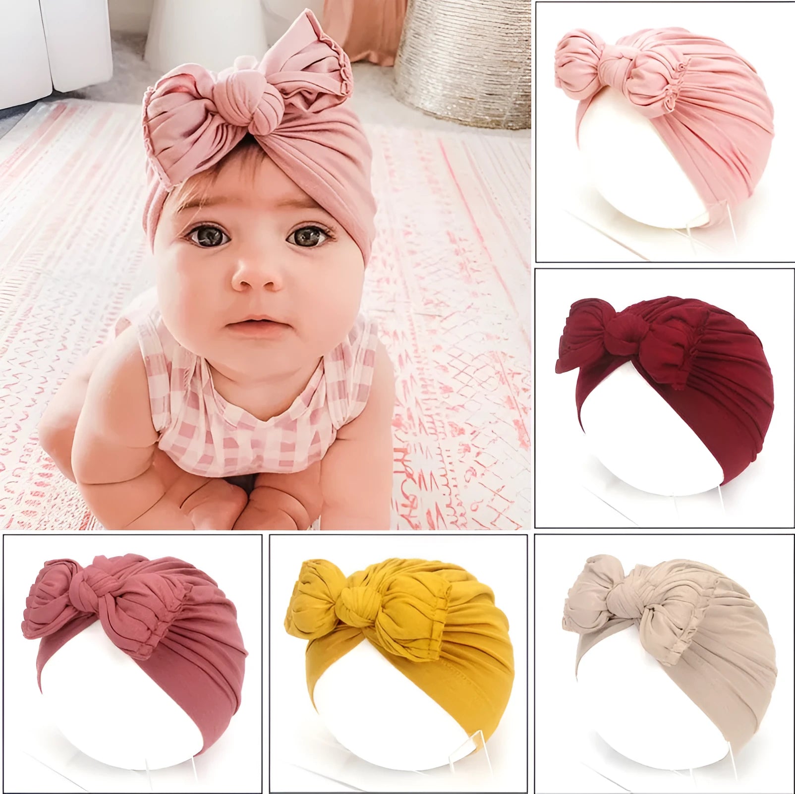 Baby girl wearing a soft pink knitted turban-style cap for ages 0-28 months.