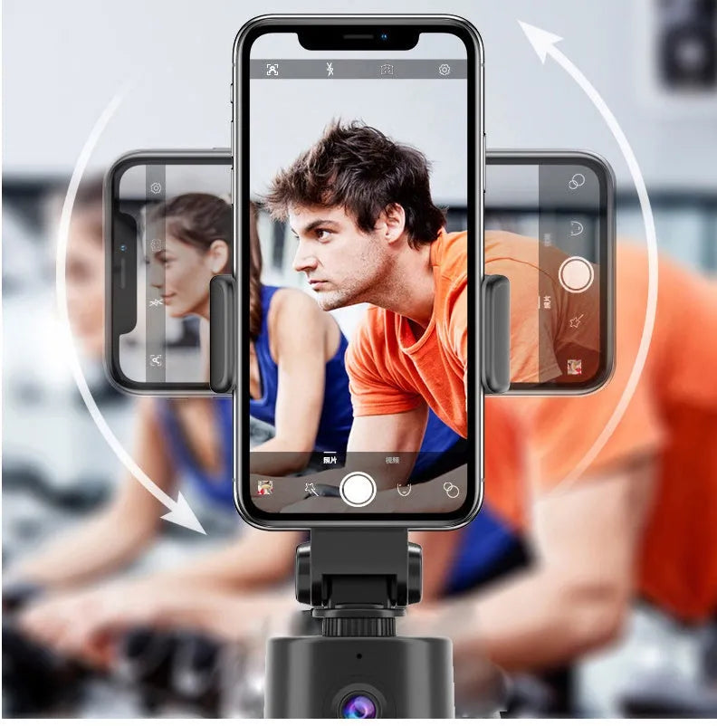 360-degree intelligent AI tracking pan-tilt bracket holding a smartphone for hands-free recording
