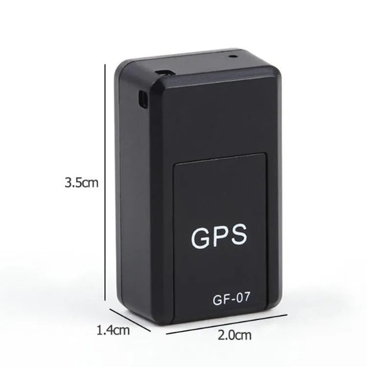 Small black magnetic GPS tracker device for cars with a USB charging cable.