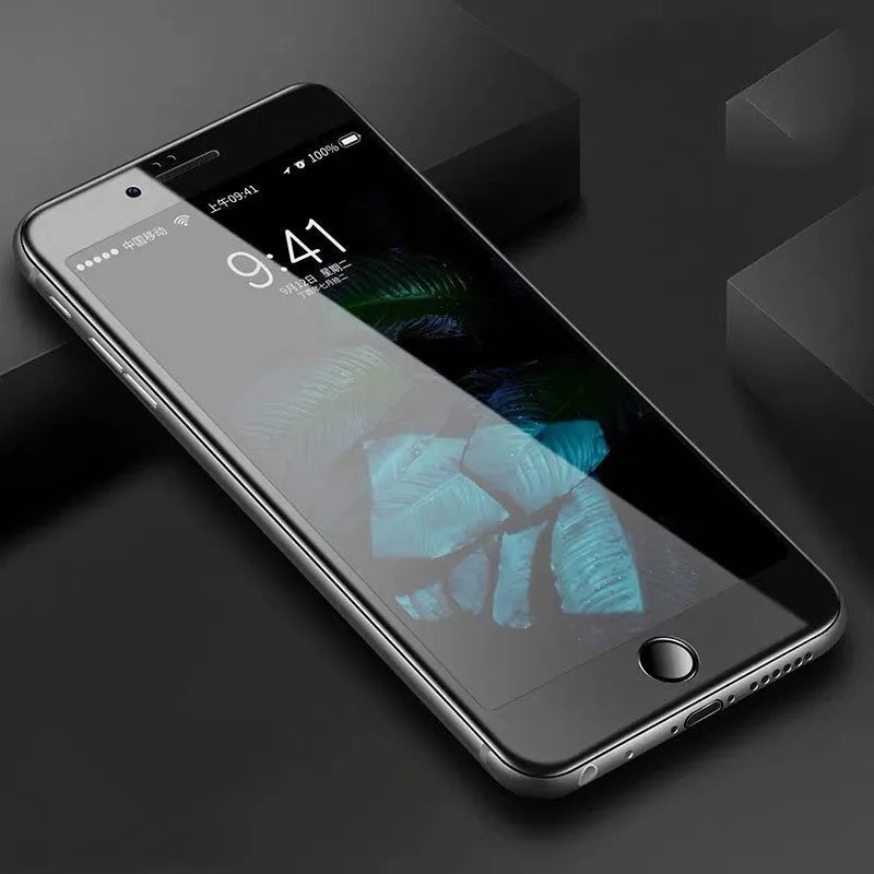 Three black full-coverage tempered glass screen protectors for Apple iPhone models.
