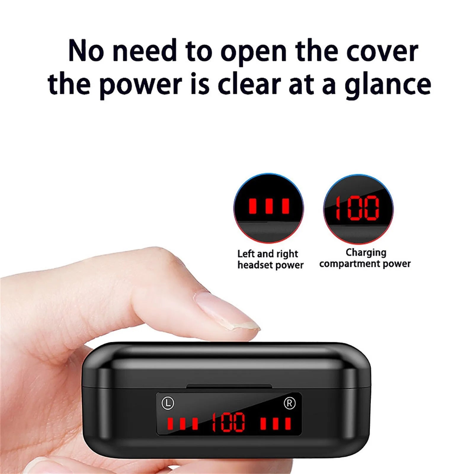 Compact V7 LED button wireless Bluetooth headset with charging case and three silicone ear caps.