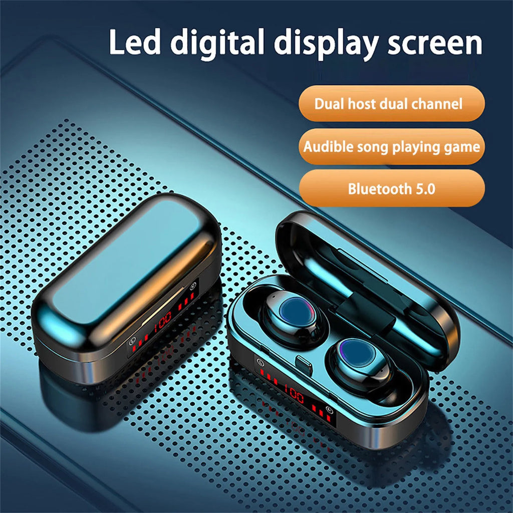 Compact V7 LED button wireless Bluetooth headset with charging case and three silicone ear caps.