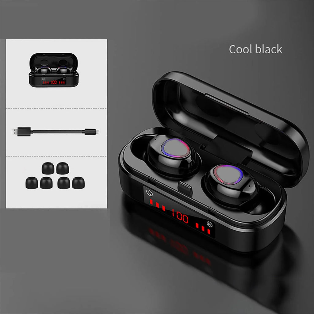 Compact V7 LED button wireless Bluetooth headset with charging case and three silicone ear caps.