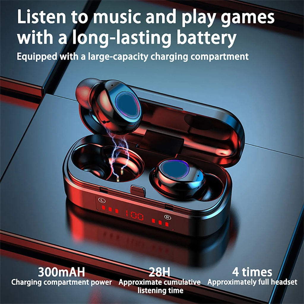 Compact V7 LED button wireless Bluetooth headset with charging case and three silicone ear caps.