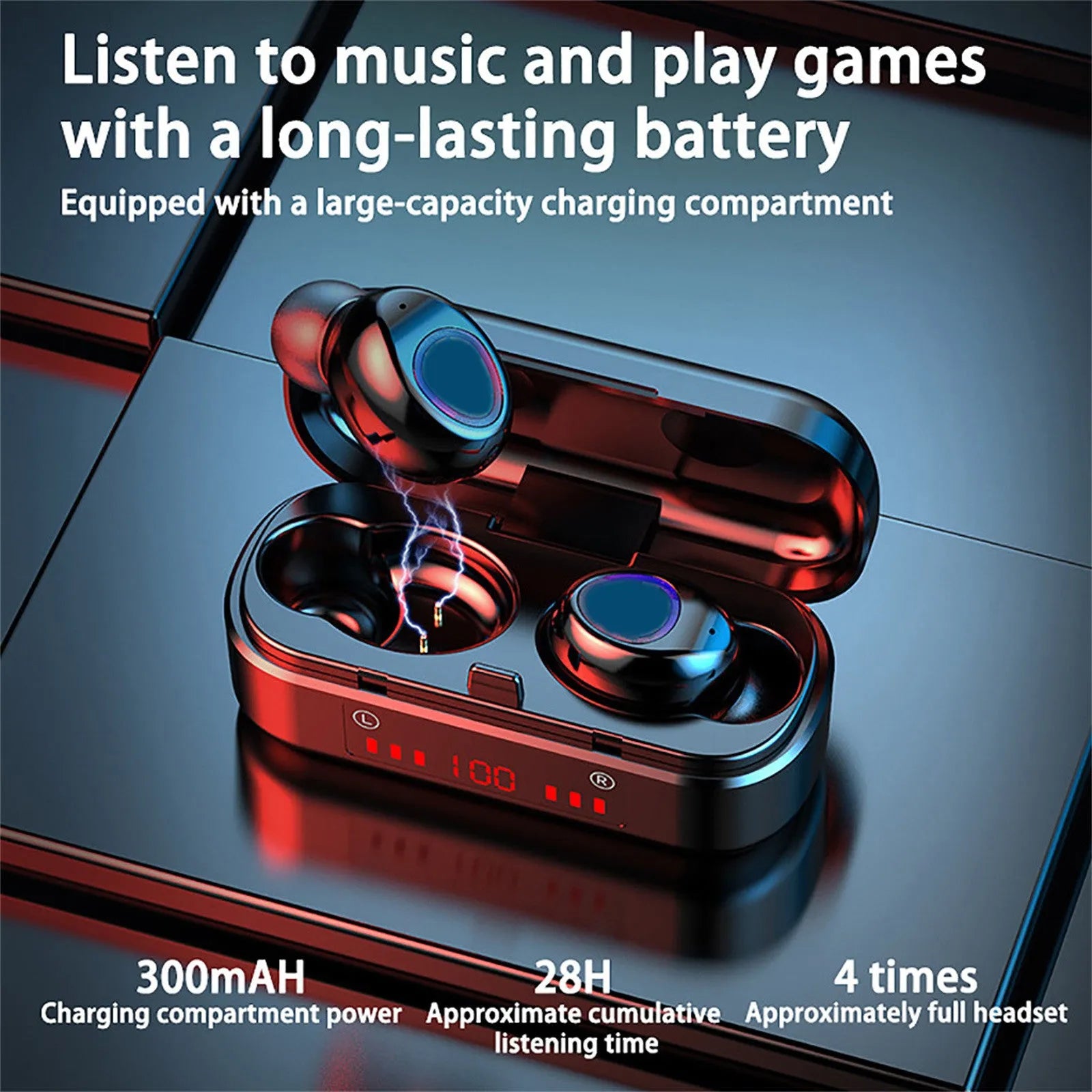 Compact V7 LED button wireless Bluetooth headset with charging case and three silicone ear caps.