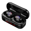 Compact V7 LED button wireless Bluetooth headset with charging case and three silicone ear caps.