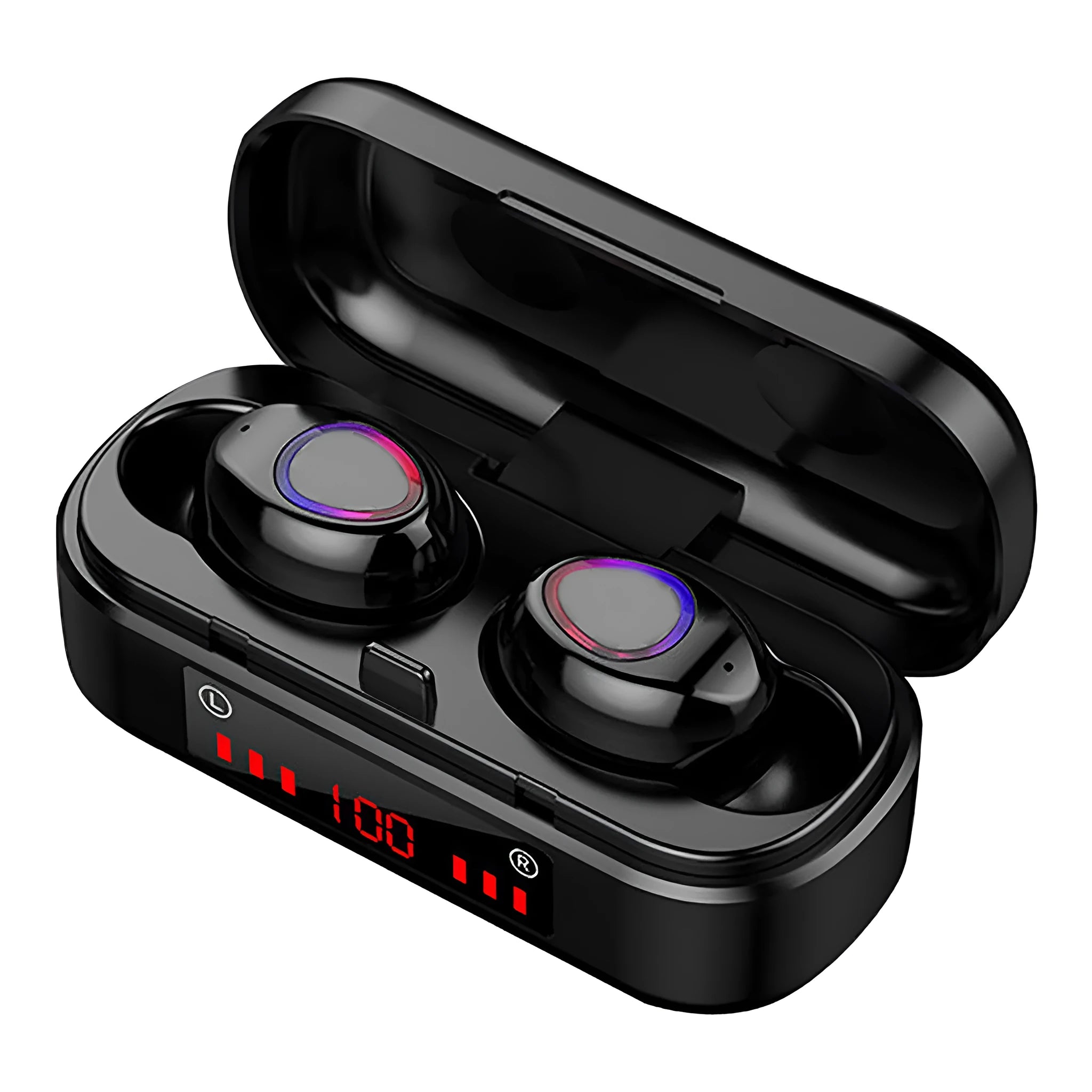 Compact V7 LED button wireless Bluetooth headset with charging case and three silicone ear caps.