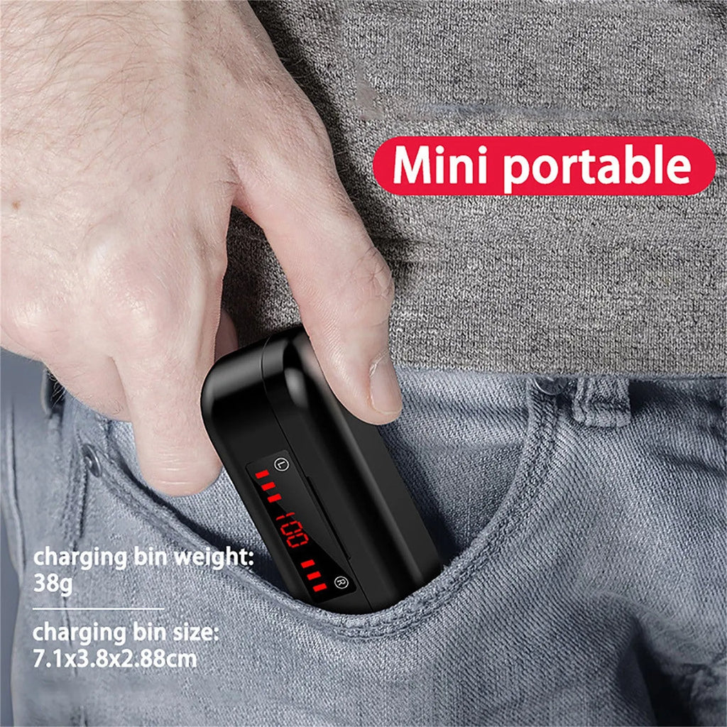Compact V7 LED button wireless Bluetooth headset with charging case and three silicone ear caps.