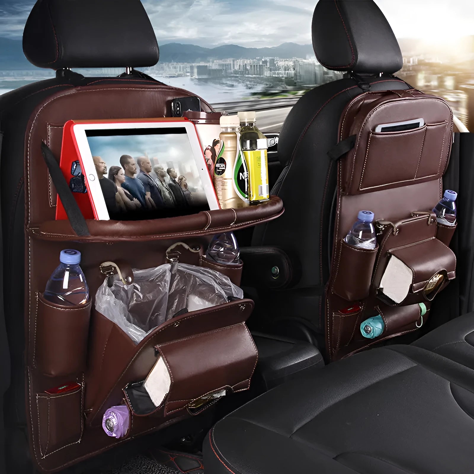 PU leather car seat back storage organiser with multiple pockets and built-in trash can in various colours