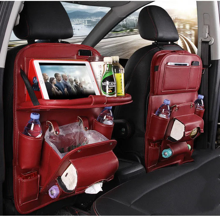 PU leather car seat back storage organiser with multiple pockets and built-in trash can in various colours