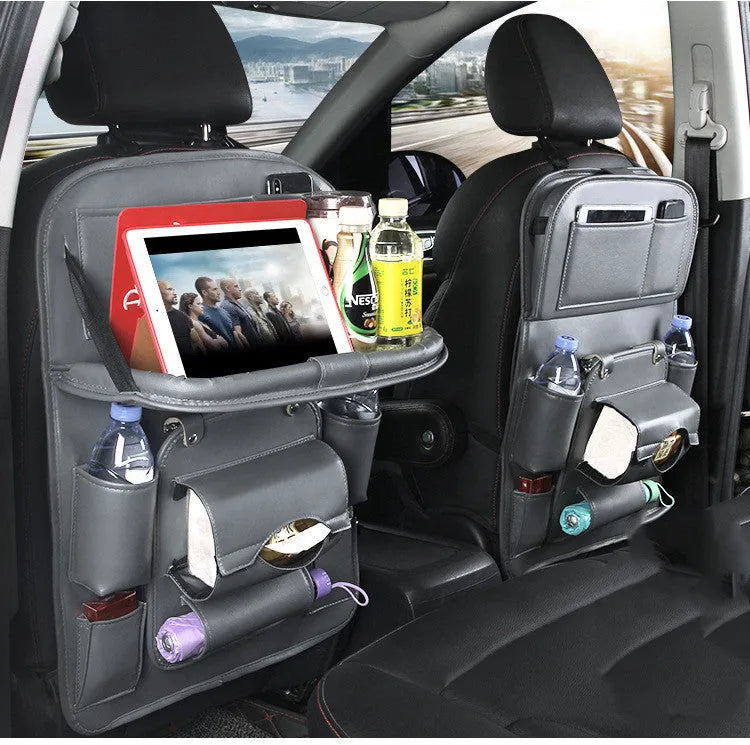 PU leather car seat back storage organiser with multiple pockets and built-in trash can in various colours