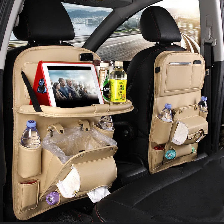 PU leather car seat back storage organiser with multiple pockets and built-in trash can in various colours