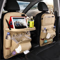 PU leather car seat back storage organiser with multiple pockets and built-in trash can in various colours