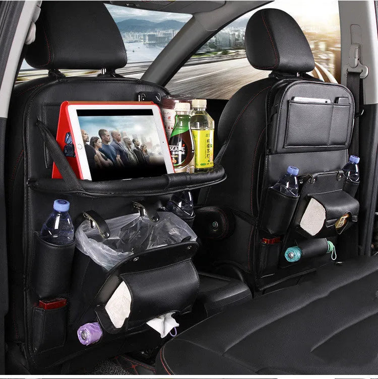 PU leather car seat back storage organiser with multiple pockets and built-in trash can in various colours