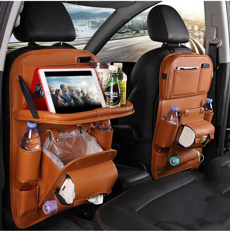 PU leather car seat back storage organiser with multiple pockets and built-in trash can in various colours