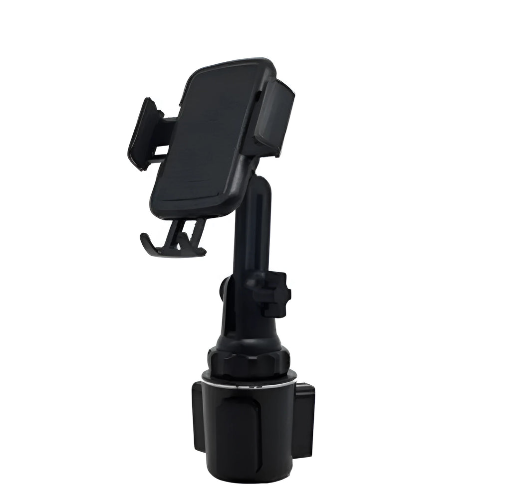 Black ABS plastic car phone holder with adjustable height bracket and 360-degree rotation mechanism