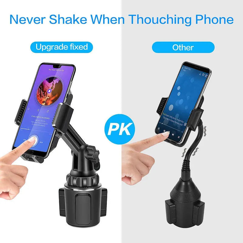 Black ABS plastic car phone holder with adjustable height bracket and 360-degree rotation mechanism