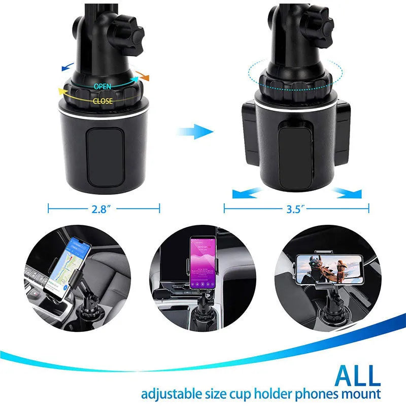 Black ABS plastic car phone holder with adjustable height bracket and 360-degree rotation mechanism