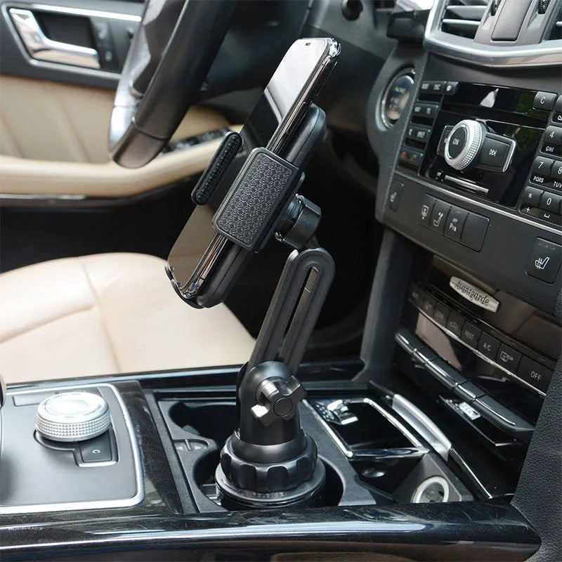 Black ABS plastic car phone holder with adjustable height bracket and 360-degree rotation mechanism