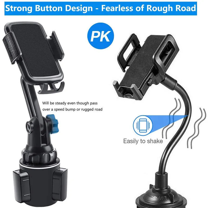 Black ABS plastic car phone holder with adjustable height bracket and 360-degree rotation mechanism