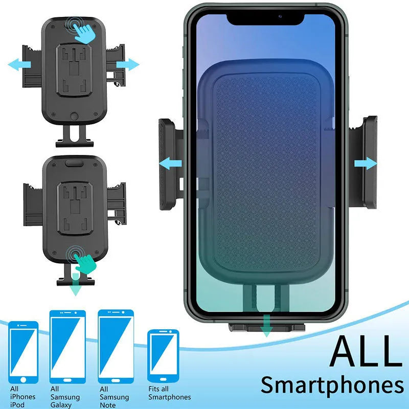 Black ABS plastic car phone holder with adjustable height bracket and 360-degree rotation mechanism