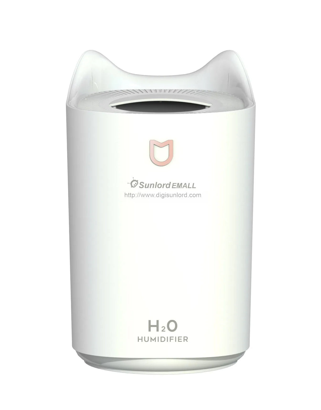 Double spray humidifier with large water tank in coral pink colour, showing three mist outlets