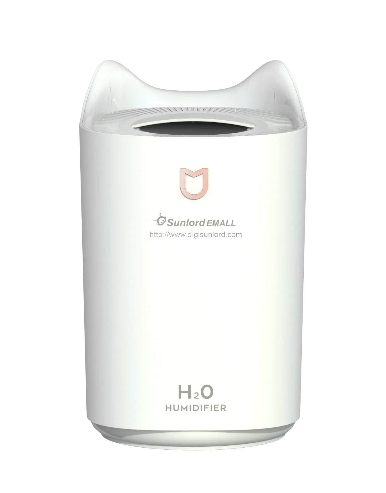 Double spray humidifier with large water tank in coral pink colour, showing three mist outlets