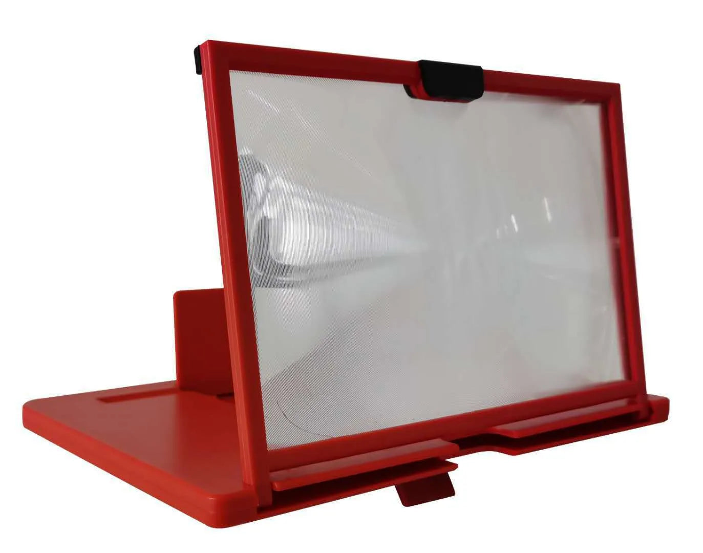 Black desktop mobile phone screen magnifier with integrated bracket holding a phone, showing an enlarged display.