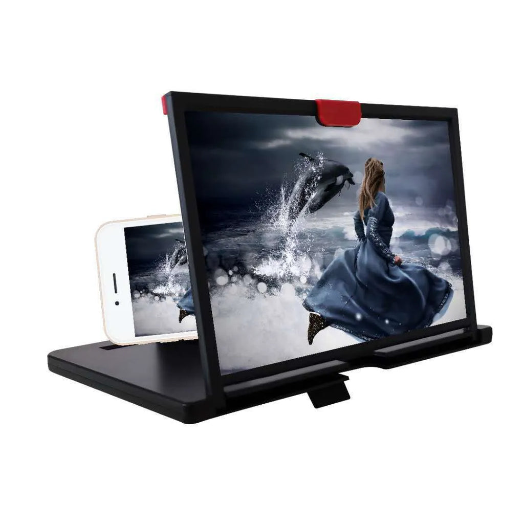 Black desktop mobile phone screen magnifier with integrated bracket holding a phone, showing an enlarged display.