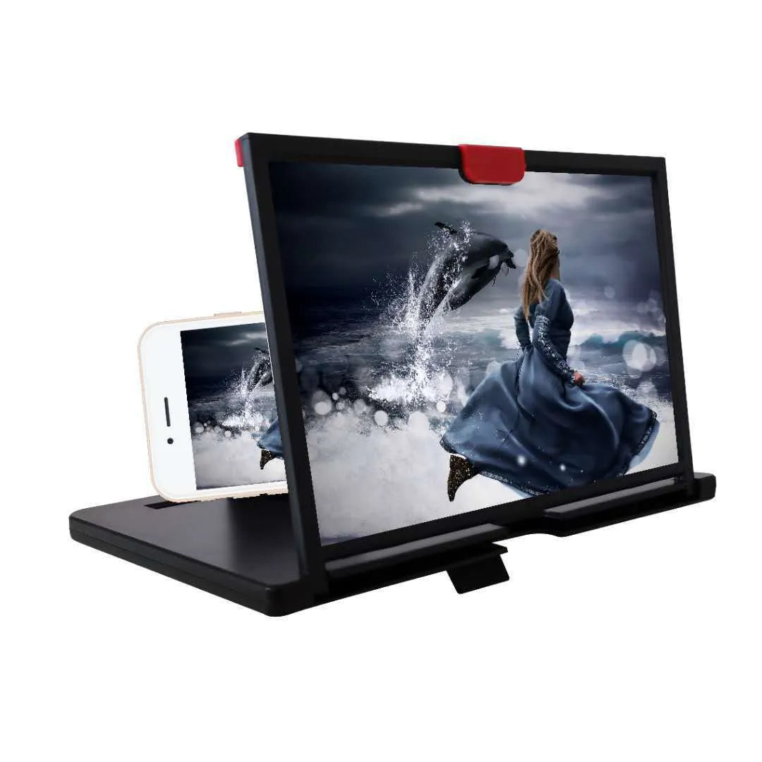 Black desktop mobile phone screen magnifier with integrated bracket holding a phone, showing an enlarged display.