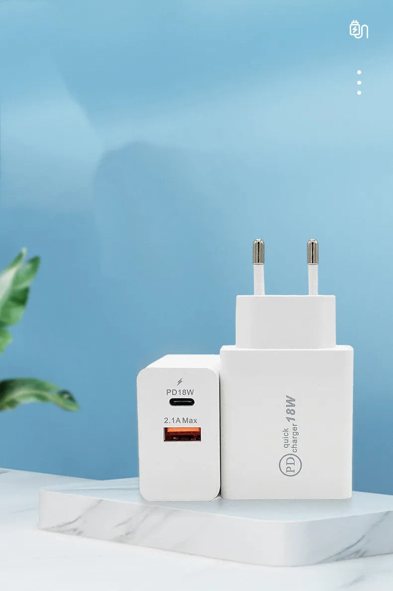 18W USB-C fast charger with wall plug in black or white colour