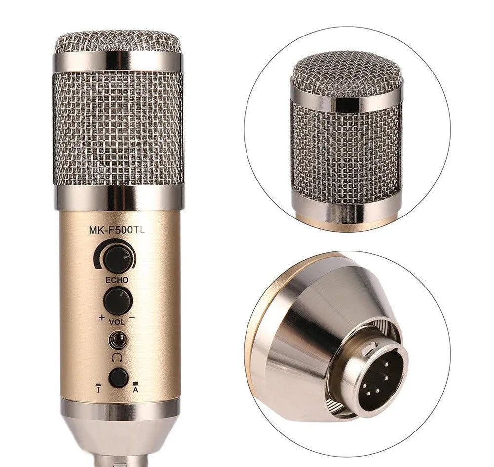 Gold cylindrical condenser microphone on a stand with a USB C cable.
