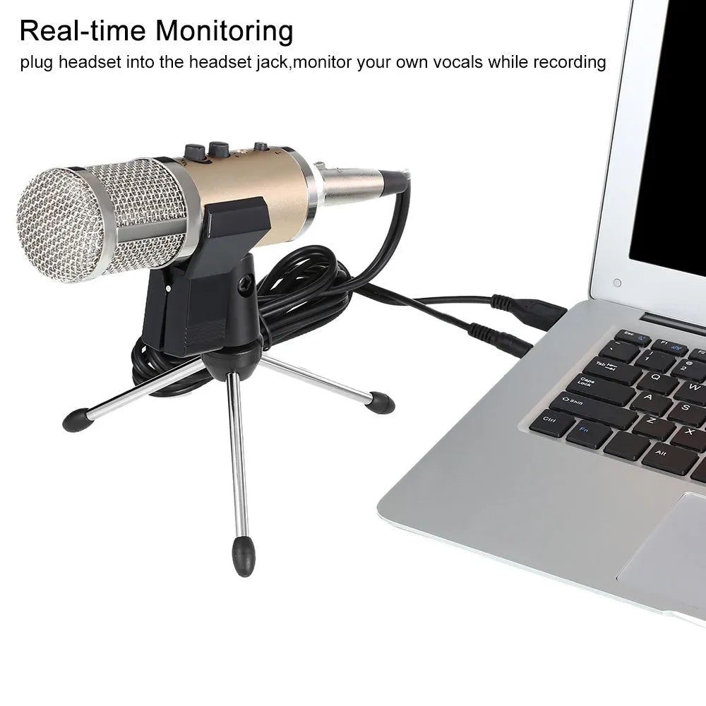 Gold cylindrical condenser microphone on a stand with a USB C cable.