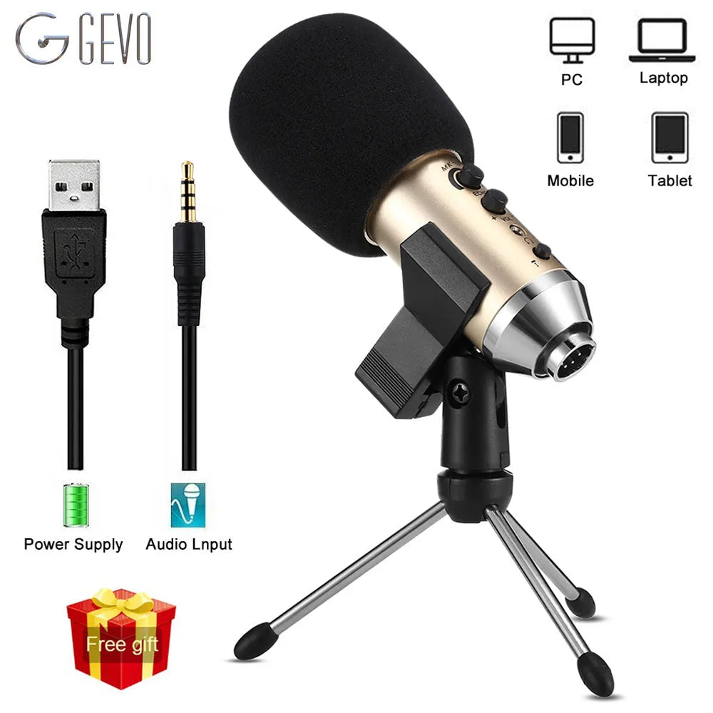 Gold cylindrical condenser microphone on a stand with a USB C cable.