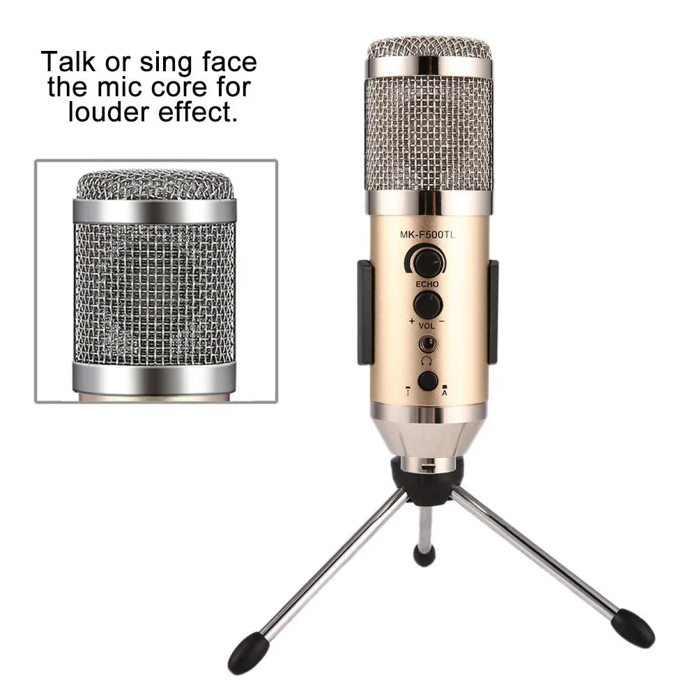 Gold cylindrical condenser microphone on a stand with a USB C cable.