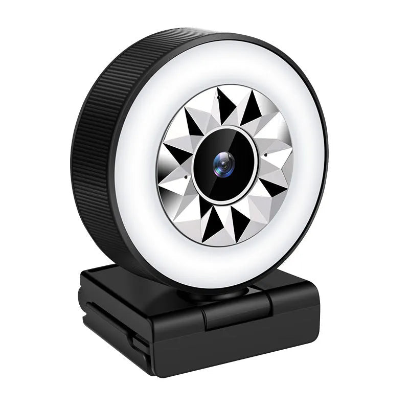 USB web camera with fill light, built-in microphone, 1080P resolution, plastic body, 1.5m cable.