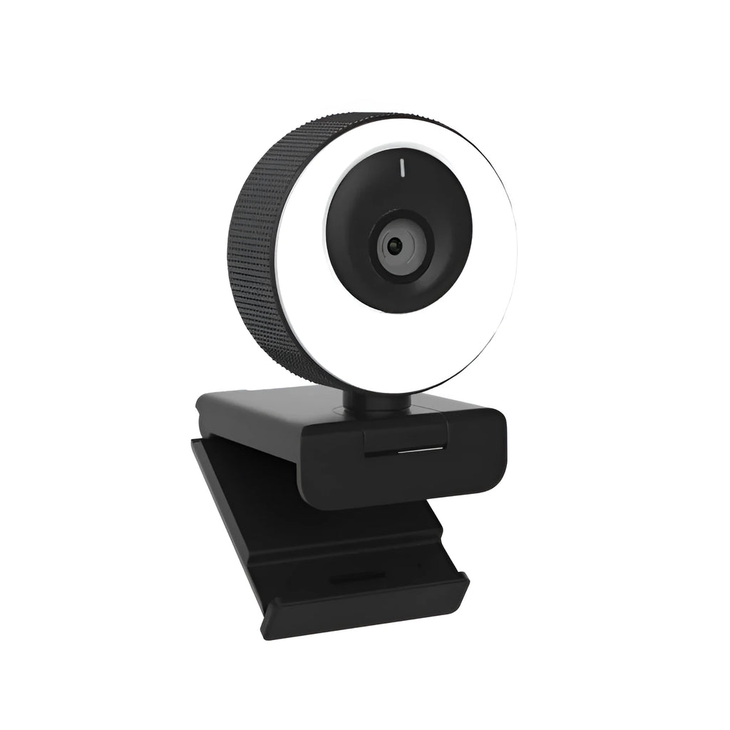 Black USB webcam with magnetic privacy cover on a laptop screen