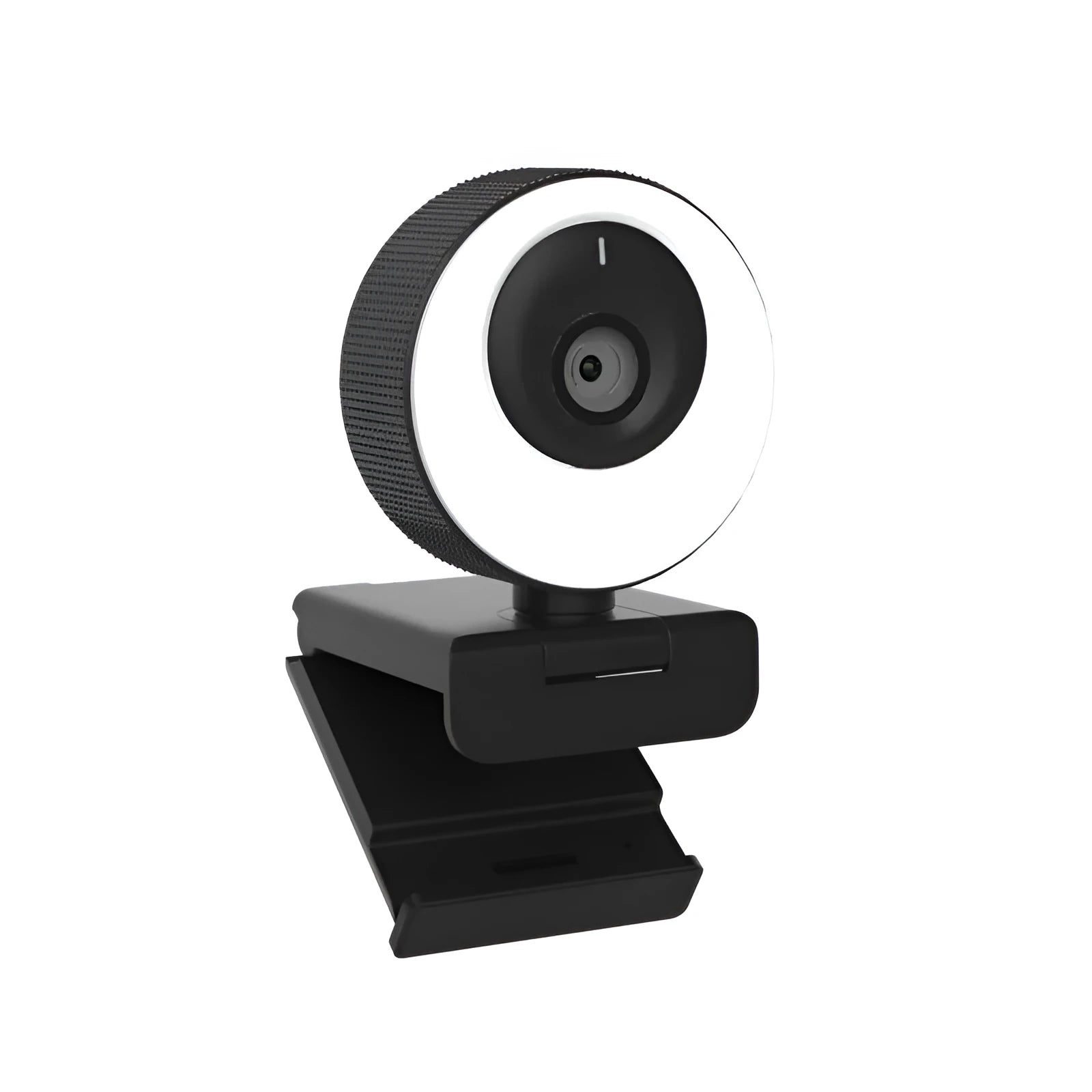 Black USB webcam with magnetic privacy cover on a laptop screen