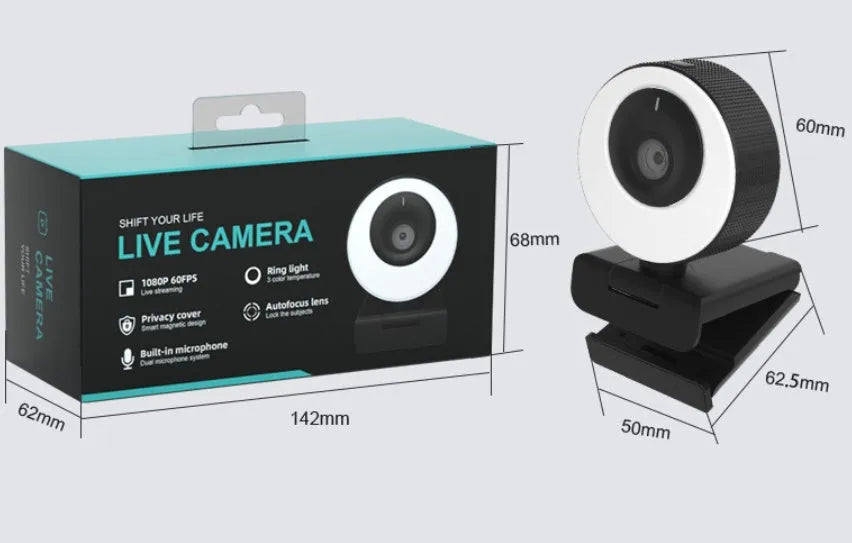 Black USB webcam with magnetic privacy cover on a laptop screen